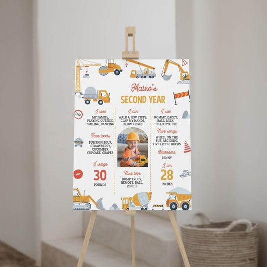Generic Personalized Construction Birthday Milestone Sign, Boy 1St Birthday Photo Milestone Poster, Dump Truck Milestone Board, Design 09