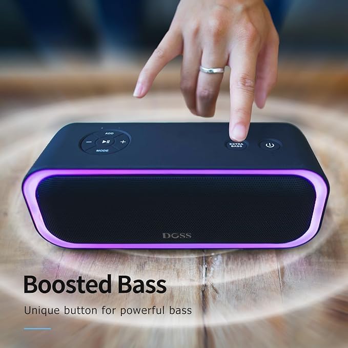 DOSS SoundBox Pro Bluetooth Speaker with 20W Stereo Sound, Active Extra Bass, 20H Playtime, IPX6 Waterproof, TWS Pairing, Multi-Colors Lights, Portable for Hiking, Camping, Beach, Outdoor, Party-Black
