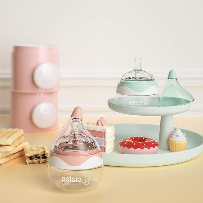 POTATO Glass Baby Bottles for Newborn Babies, Anti Colic Breastfeeding Bottle with Wide Neck, Slow Flow, 2pack, 2.5oz, Blue