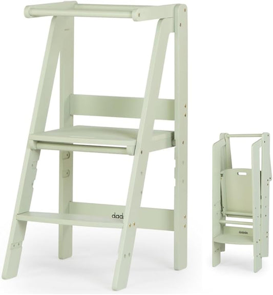dadada Baby Foldable Montessori Tower - Adjustable Kitchen Step Stool for Kids with Safety Rail, Non-Toxic Finish, Great for Small Space Living (Sage Green)