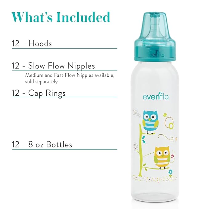 Evenflo Feeding Classic Prints Polypropylene Bottles for Baby, Infant and Newborn - Blue/Green/Teal, 8 Ounce (Pack of 12)