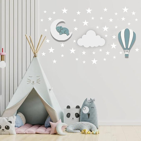 Dreamy Skies Nursery Wall Set – Elephant on Moon, Hot Air Balloon & Star Stickers (Blue Theme)