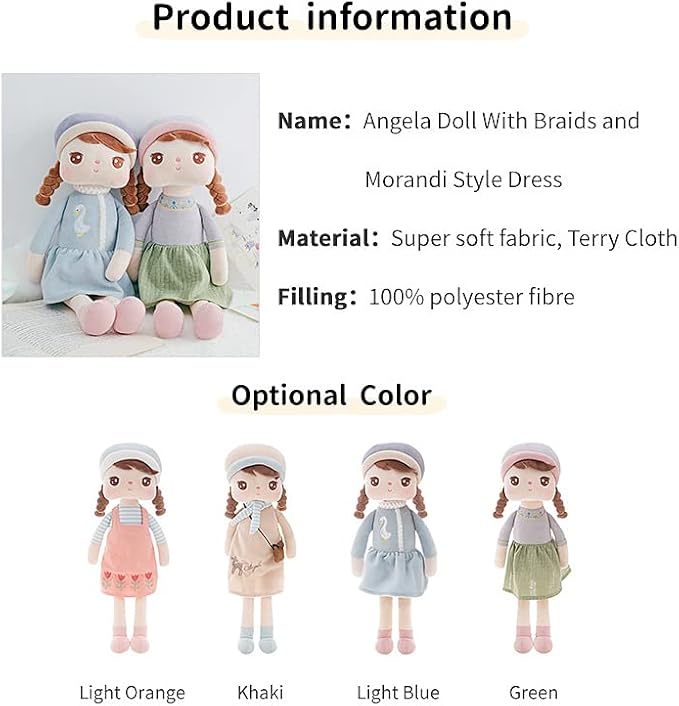 16" Exclusive Princess Doll, Cute Pigtail-Girl with a Hat Plush Doll, Soft Dolls Baby Girl Gifts, Non-Toxic Soft Skin-Friendly PP Cotton Plush Stuffed Angela (Bright Orange)