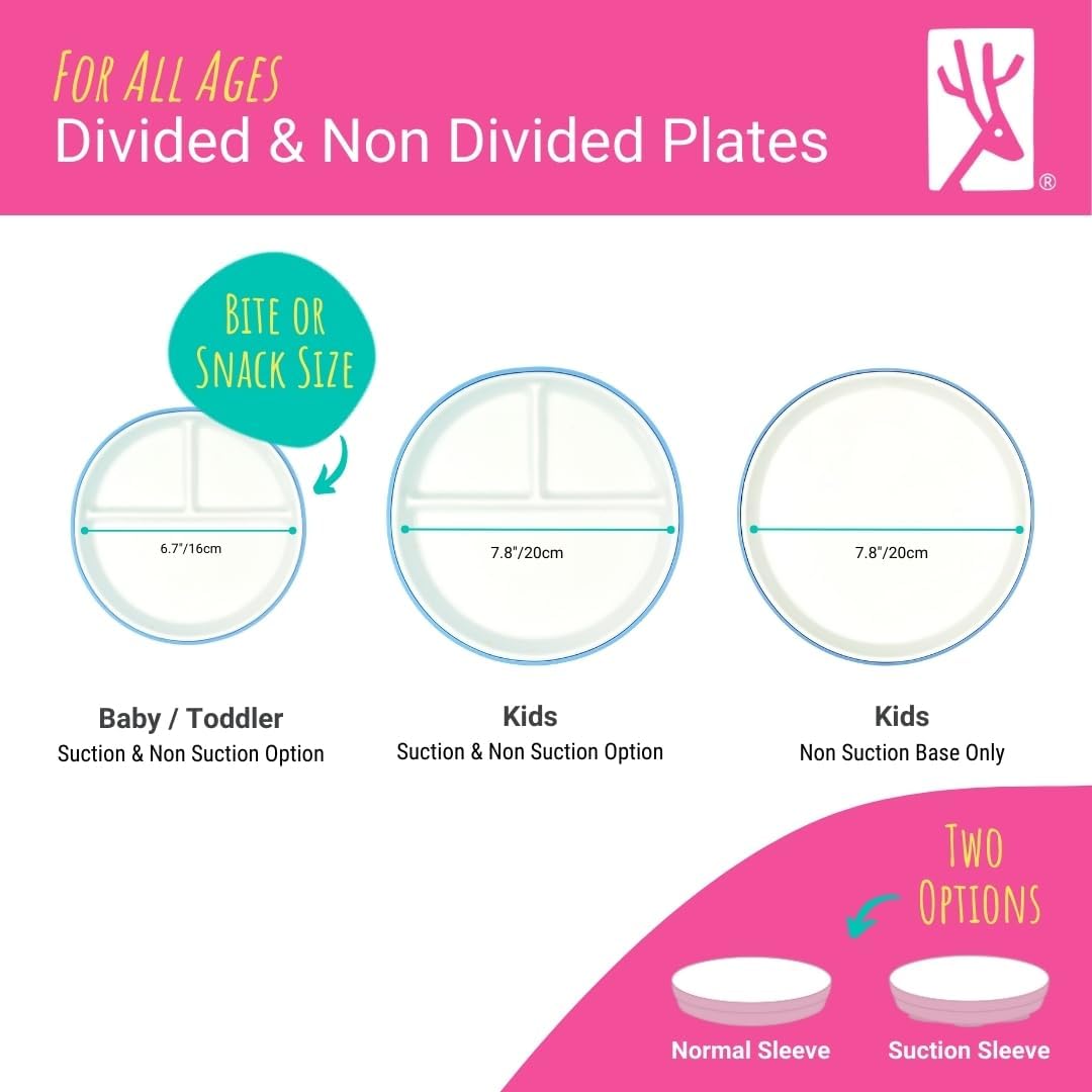 Elk and Friends Kids 6.7” Porcelain Divided Plates with Silicone Sleeves | Suitable for Babies/Kids/Toddlers | Microwave & Dishwasher Safe | Non Slip | Snack Dishes