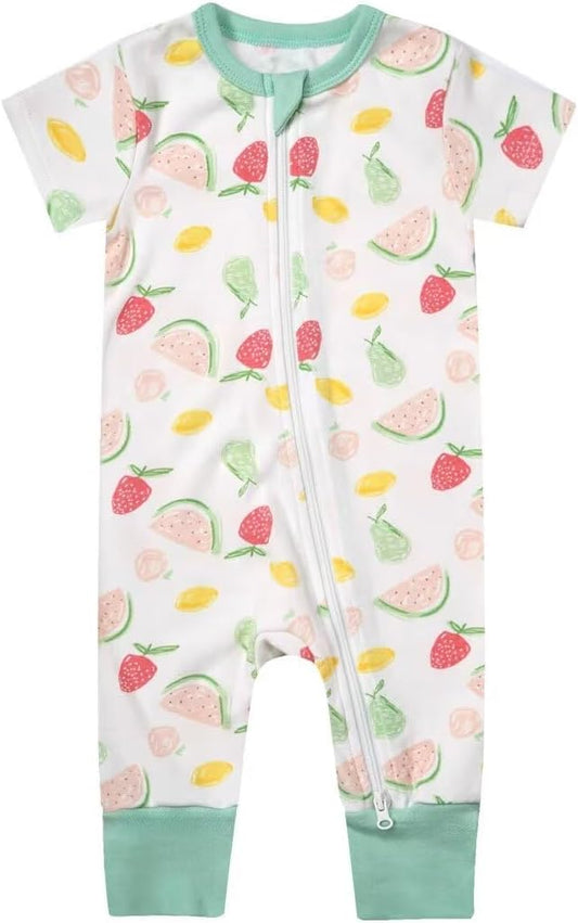 Teach Leanbh Toddler Baby Boys Girls Footless Pajamas Cotton 2 Way Zipper Printing Short Sleeve Romper Sleep and Play