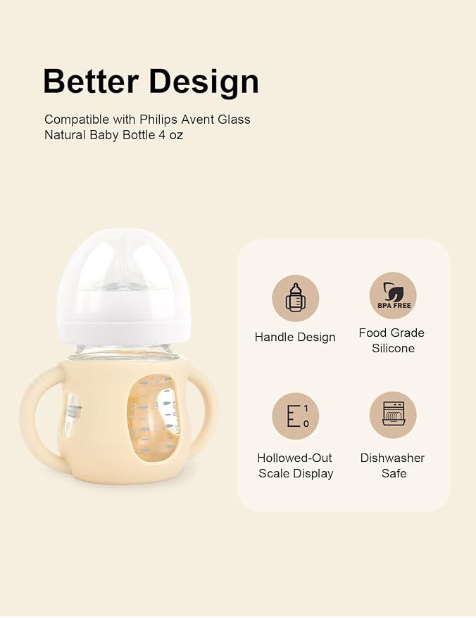 2-Pack Silicone Sleeves for Philips Avent Glass Bottles, BPA-Free Drop-Resistant Baby Bottle Sleeves with Handles, Compatible with Philips Avent Natural Glass Baby Bottles (4 oz)