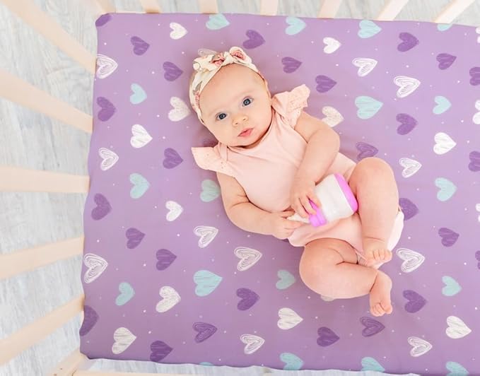 4 Pack Soft Baby Girl N Play Sheets for Mini Crib Mattress Unicron Rainbow Heart Cute Neutral Polyester Unisex Fitted Mini Crib Sheets Set for Baby Girls