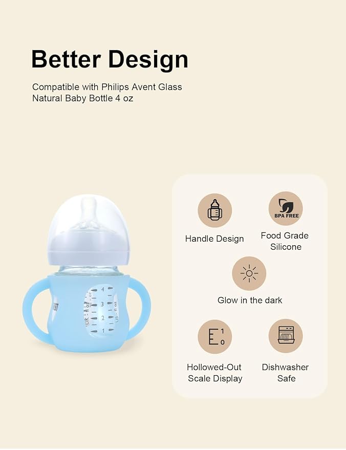 4-Pack Silicone Sleeves for Philips Avent Glass Bottles, BPA-Free Drop-Resistant Baby Bottle Sleeves with Handles, Compatible with Philips Avent Natural Glass Baby Bottles (4 oz)