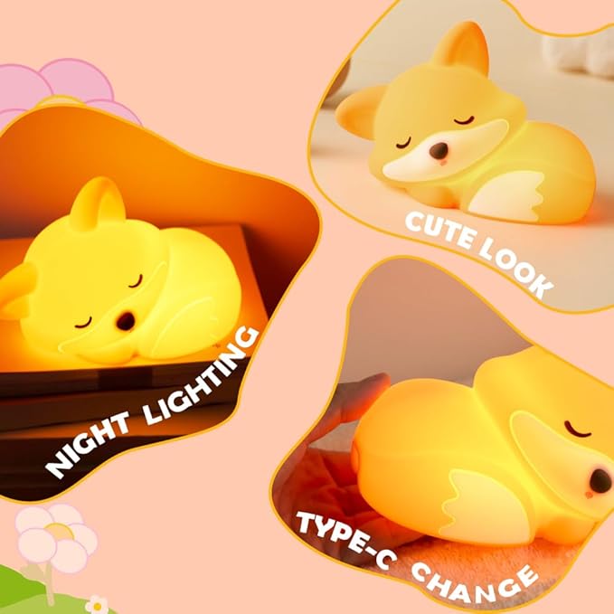 S NMT Cute Silicone Fox Night Light for Kids, Rechargeable Sleeping Nursery Nightlights with Timing Function for Christmas Gift, Dimmable Beside Decoration Lamp