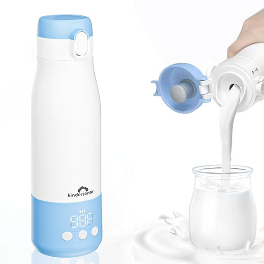 KinderSense® Portable Bottle Warmer for Travel - 12 Fl Oz Large Capacity 55W Power - Breastmilk, Water, Baby Formula- Fast Heating, Leakproof, LED Display + Preset Timer | 18W QC Charger