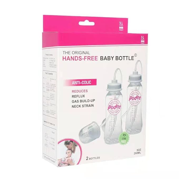 Hands-Free Baby Bottle - Anti-Colic Nursing System 9 oz Baby Bottle with Fast Flow Nipple/Teat 3m+ Infant with Tube Straw Feeding System for Toddler (2 Bottles - Pink)