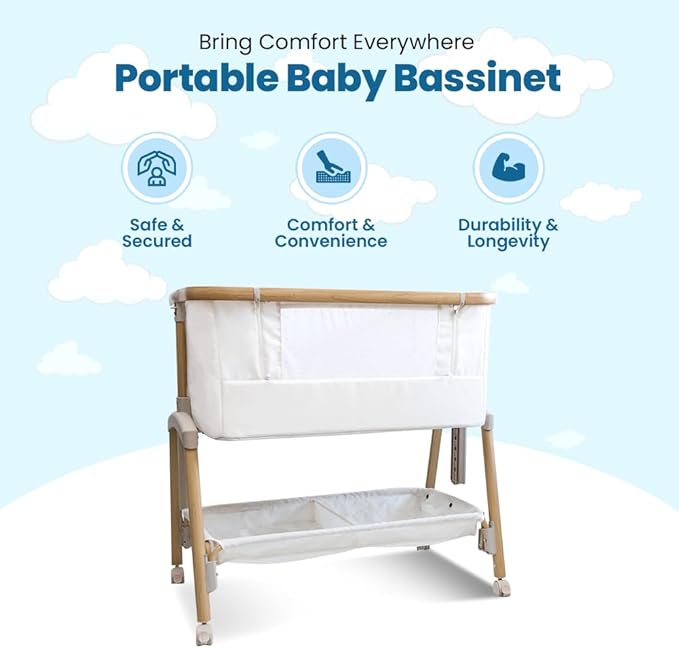 Baby Bassinet Bedside Sleeper, Portable Crib for Newborns, Adjustable 7-Height Auto-Lock, with Wheels, Soft Mattress & Breathable Mesh