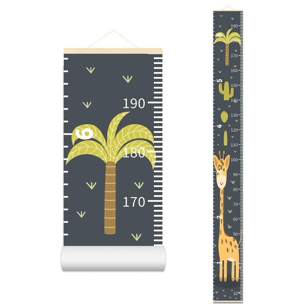 Baby Height Growth Chart - Canvas Height Chart for Kids Baby Child Toddler Boys Girls Growth Chart for Wall Room Nursery Decor Hangable and Removable Measuring Wall Ruler (Cactus Giraffe, Beige Wood)