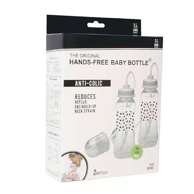 Hands-Free Baby Bottle - Anti-Colic Nursing System 9 oz Baby Bottle with Fast Flow Nipple/Teat 3m+ Infant with Tube Straw Feeding System for Toddler (2 Bottles - Panda)