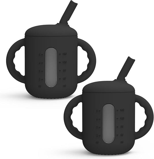 Seposeve 2 Pack Silicone Sippy Cups, Leak-Proof Baby Straw Cup for 6-12 Months, Spill Proof Toddler Cup with Straw 1-3 Years, with Capacity Marking, Non-slip Handle, Flow Control, 6 oz, 2 Black