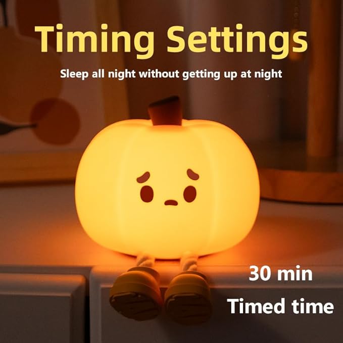 Pumpkin Night Light, Squishy LED Halloween Lamp with Timer, Rechargeable Silicone Nursery Nightlight for Kids, Dimmable Bedside Pumpkin Lantern for Baby Room Decor