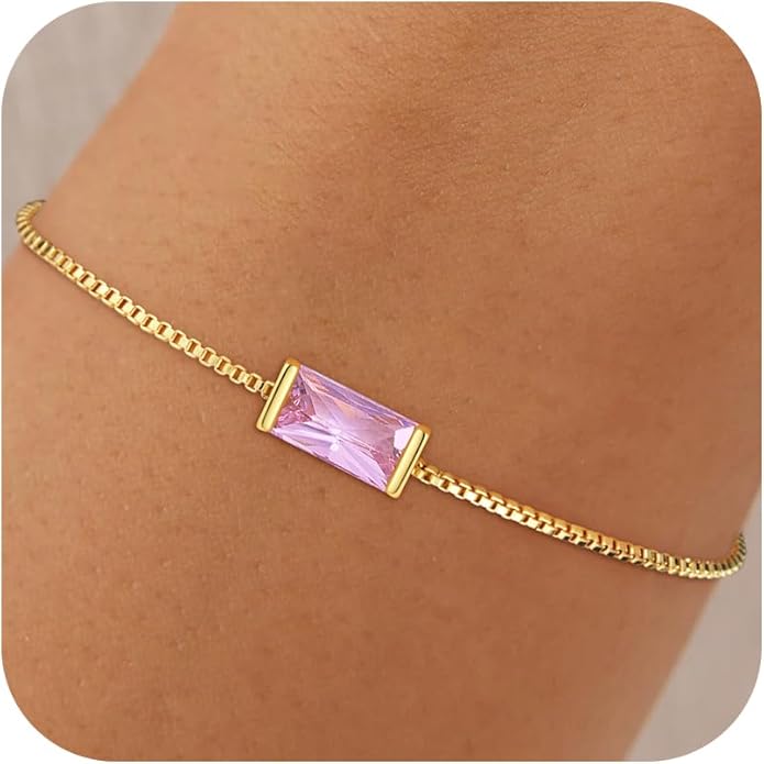 Birthstone Gold Bracelets for Women Girls Non Tarnish - Trendy Dainty 14K Gold Plated Bracelet Friendship CZ Bracelets Anniversary Birthday Gifts for Mom Girlfriend
