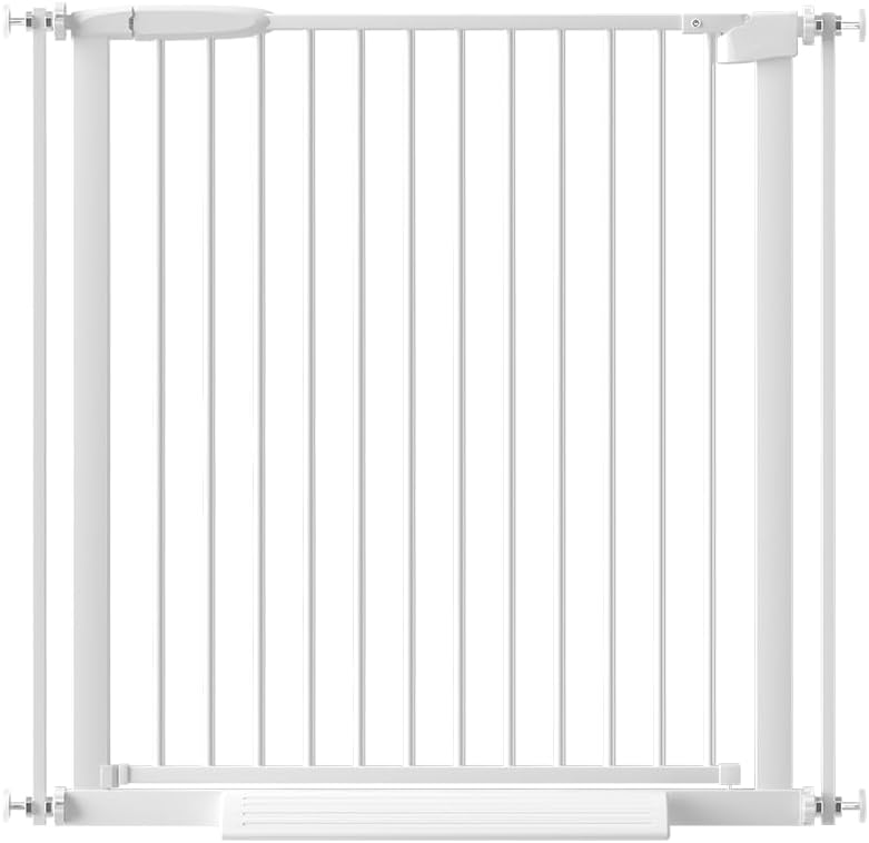 Extra Wide Baby Gate 30.11-77.36",Ultra Narrow 1.37" Spacing Dog Gate indoor,Double Lock Auto Close Pet Gate for House,Pressure Mounted Baby Gate Easy Walk Through Pet Gate for Hallway(White)