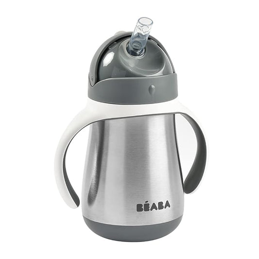 BEABA Stainless Steel Straw Sippy Cup, Insulated Toddler Cups Spill Proof with Removable Handles, Made with High Grade Stainless Steel, 8+ months, 8.5 oz, Charcoal