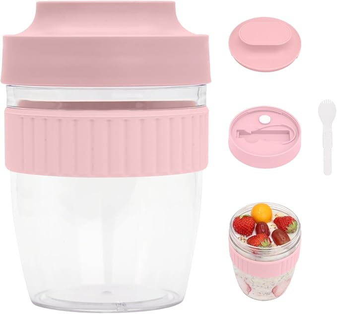Breakfast On The Go Cups, Overnight Oats Containers With Lid And Folding Spoon, Take And Go Yogurt Cereal Snack Parfait Salad Containers For Lunch, Fruit & Vegetable Jar, 20 oz(Pink)