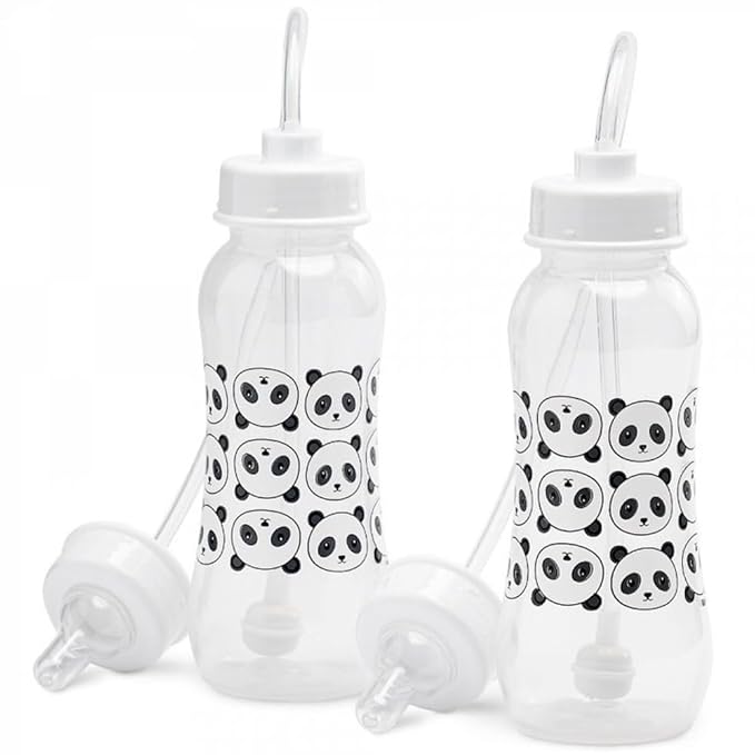 Hands-Free Baby Bottle - Anti-Colic Nursing System 9 oz Baby Bottle with Fast Flow Nipple/Teat 3m+ Infant with Tube Straw Feeding System for Toddler (2 Bottles - Panda)