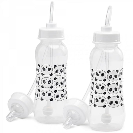 Hands-Free Baby Bottle - Anti-Colic Nursing System 9 oz Baby Bottle with Fast Flow Nipple/Teat 3m+ Infant with Tube Straw Feeding System for Toddler (2 Bottles - Panda)