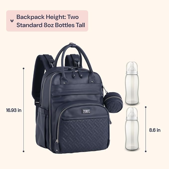 BabbleRoo Leather Diaper Bag Backpack - Baby Essentials Travel Baby Bag, Multi function, with Changing Pad, Stroller Straps & Pacifier Case – Unisex, Midnight Blue
