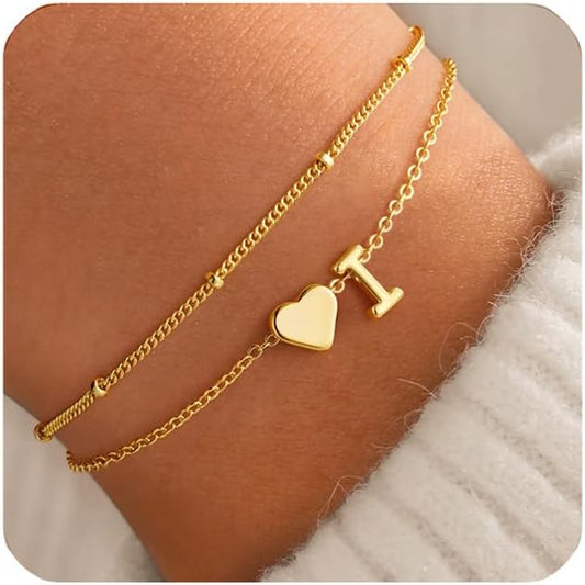 M MOOHAM Initial Heart Bracelets for Women - Layered Dainty 14K-Gold-Plated Heart Letter A-Z Charm Bracelets for Women, Chain Link Charm Bracelets Beaded Bracelets Birthday Gifts Womens Jewelry