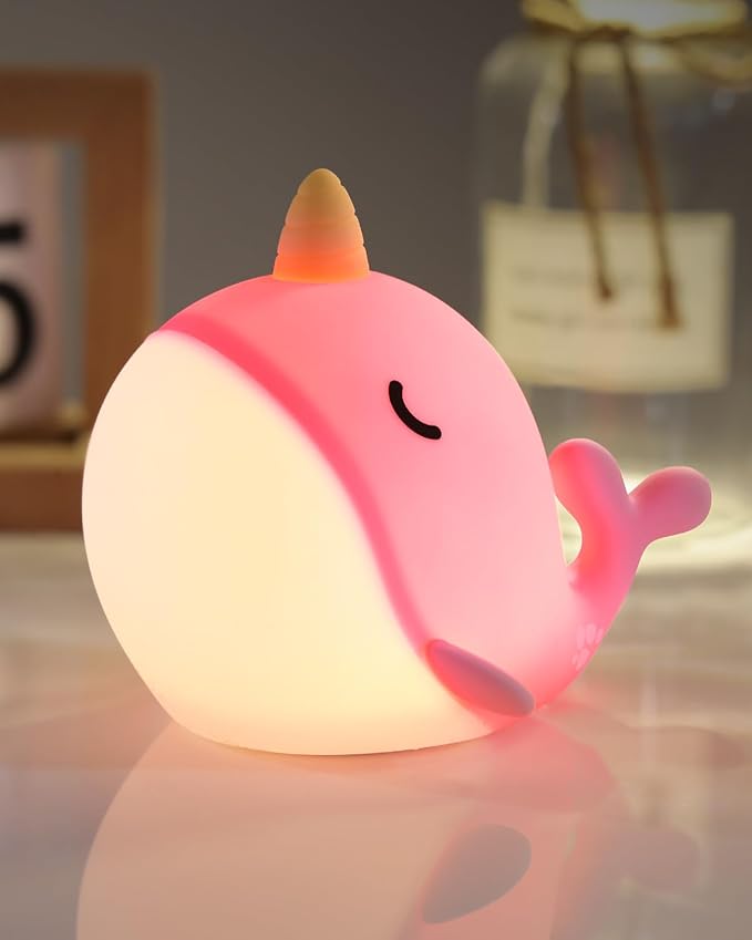 Fuloon Narwhal Night Light with Whale Shape, Squishy Silicone Kids Lamp, Safe & Soothing Touch Control for Kids and Babies, USB-C Rechargeable, 30-Min Auto Timer, Gift Idea (Pink)