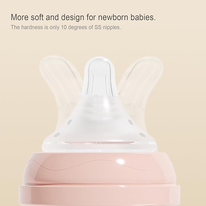 Gulicola Natural Glass Baby Bottles Set 4 Pack, Newborn Girl Breastfeeding Bottles with Slow Flow Nipples, 0 Months+, 3 oz & 5 oz - Pink