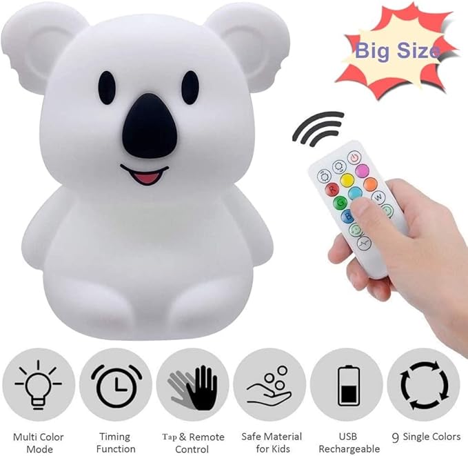 Big Size Night Light, Child Night Light, Bedside Lamp for Kids, Multicolor Light with Remote Control, Break Resistant, Eye Caring, Adjustable Brightness & Color, Timing Function - Large Koala