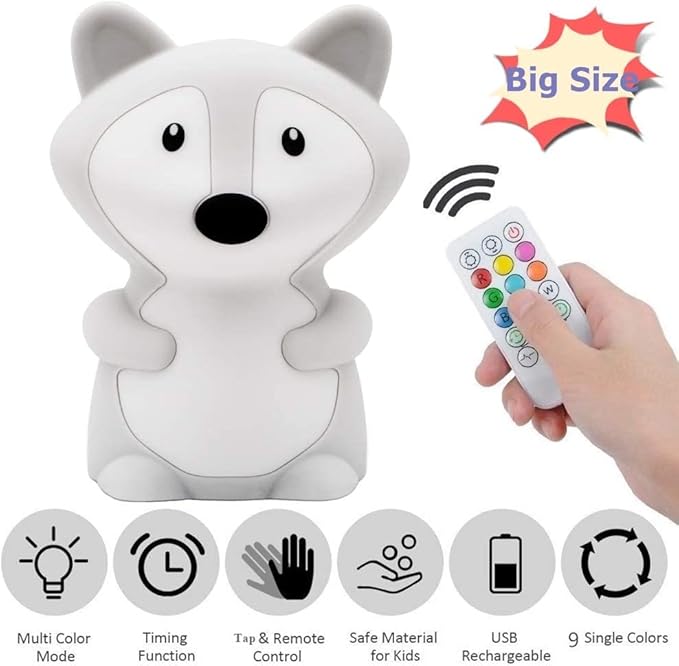 Big Size Night Light for Kids, Portable Silicone Bedside Lamp, Multicolor Light with Touch Control + Remote Control, USB Rechargeable Light for Adults/Children/Baby Bedroom/Gift - Large Fox