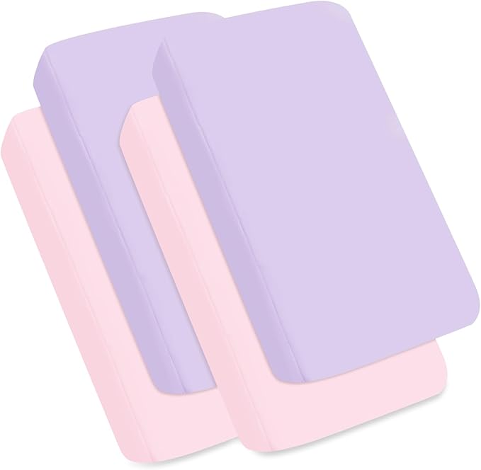 Pack and Play Sheets Fitted 4 Pack, Breathable Baby Playard Mattress Sheet Compatible with Graco Pack n Play, Mini Crib Sheets Fitted for Girls, Pink & Purple Playpen Mattress Sheets