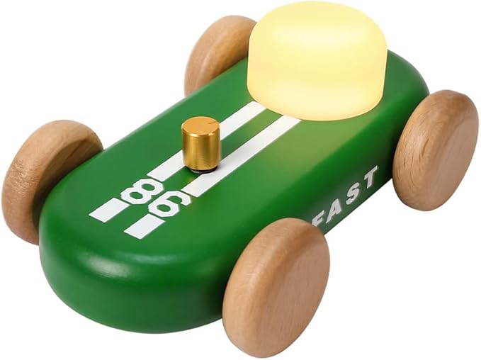 Wooden Go-Kart Night Light for Kids, 7 Color Adjustable, USB Rechargeable (Green)