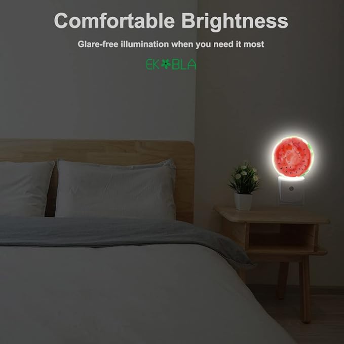 EKOBLA Summer Fruits Design Plug-in Nightlights Watermelon with Black Seeds Red Slice Night Lights Plug into Wall Auto Sensor Led Lamp Funny Nightlight for Men Women Boys Girls
