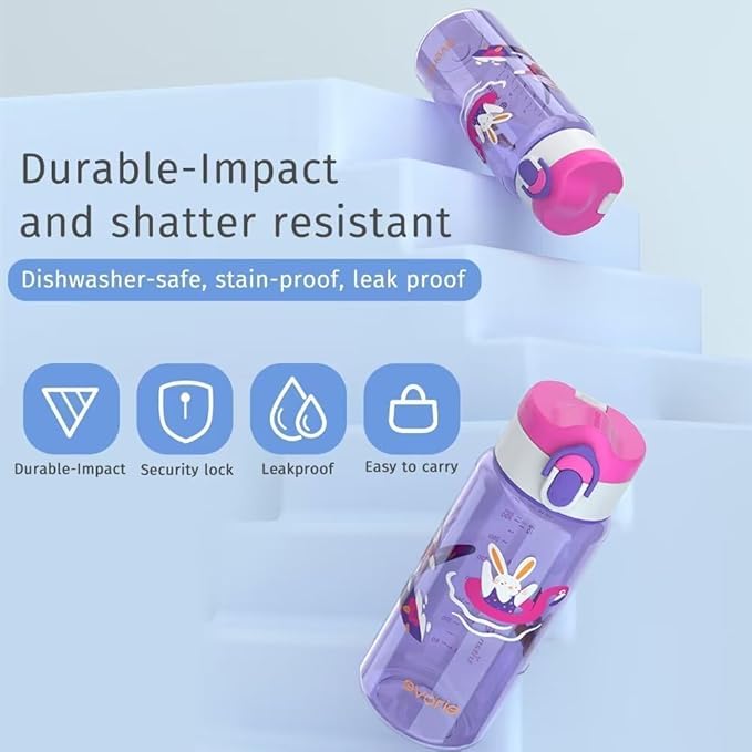 Evorie Kids Water Bottle for School, No Straw 13oz BPA Free Tritan Bottle, Leak Proof with Flip Top Lightweight for Outdoor (Purple Bunny)