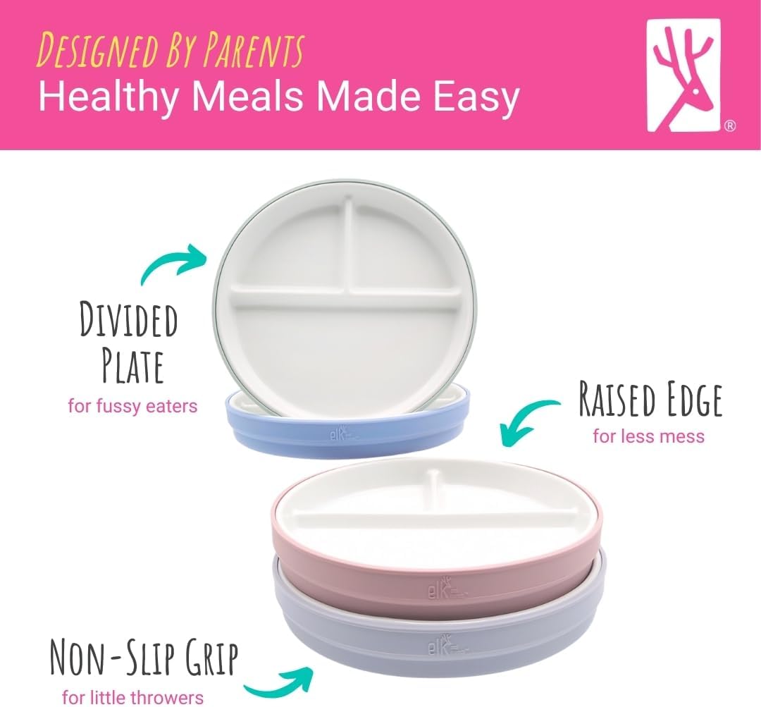 Elk and Friends Kids 7.8” Porcelain Divided Plates with Silicone Sleeves | Suitable for Babies/Kids/Toddlers | Microwave & Dishwasher Safe | Non Slip | Snack Dishes