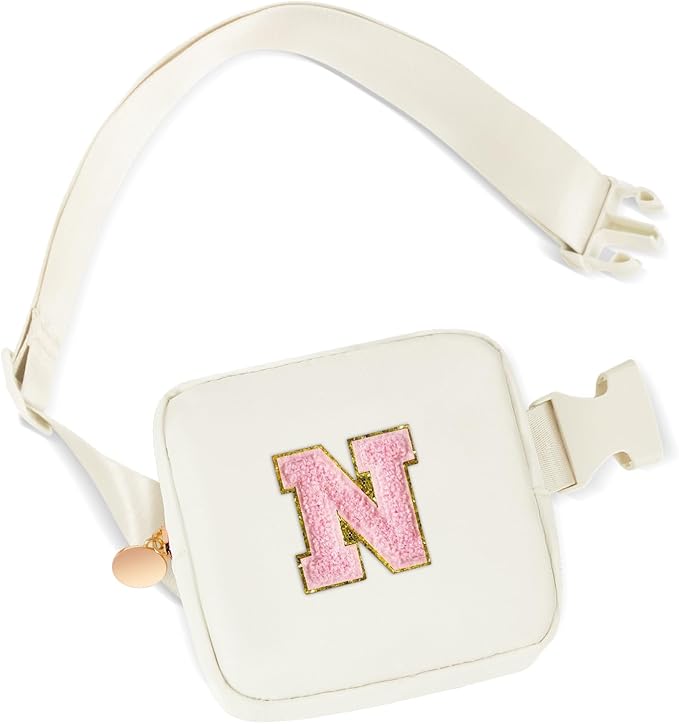 Mini Belt Bag Fanny Pack with Initials Letter Patch Small Crossbody Bags Cute Stuff Birthday Gifts for Teenager Girls Trendy Stuff for Teens - Initial N,Cream