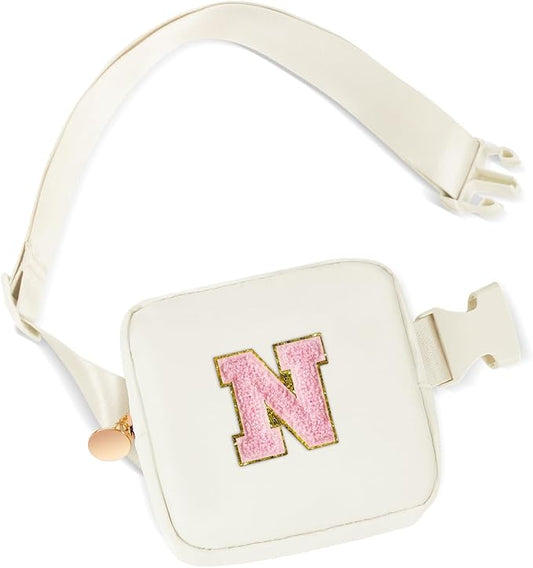 Mini Belt Bag Fanny Pack with Initials Letter Patch Small Crossbody Bags Cute Stuff Birthday Gifts for Teenager Girls Trendy Stuff for Teens - Initial N,Cream