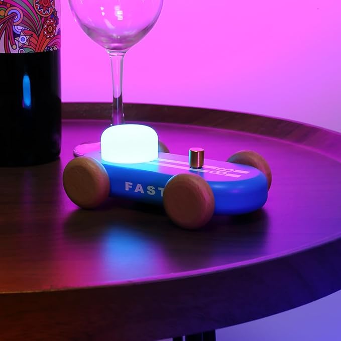 Wooden Go-Kart Night Light for Kids, 7 Color Adjustable, USB Rechargeable (Blue)