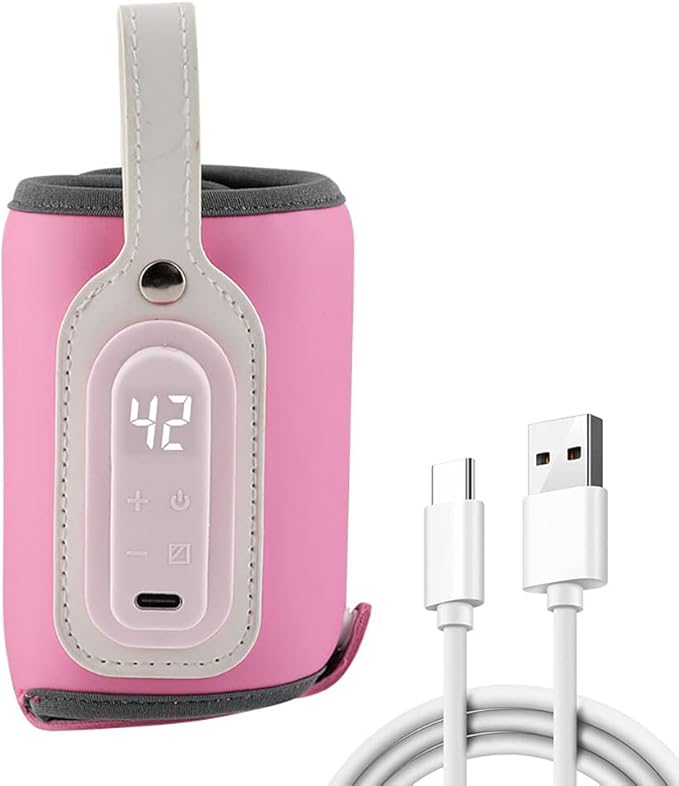 Baby Bottle Keep Warmer,Portable Travel Mug Milk Heater Thermostatic Bottle Cover Milk Bottle Heating Warmer Multifunction Thermostatic Bottle Sleeve with Tpye-C Cable for Coffee Tea,Pink