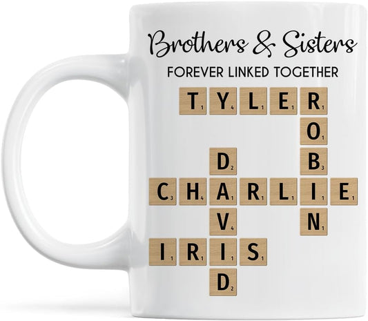 Family Forever Linked Together Custom Names Ceramic Mug, Crossword Puzzle Art, for Birthday, Anniversary or Special Occasions (Brothers & Sisters Forever Linked Together White Mug Ver 2)