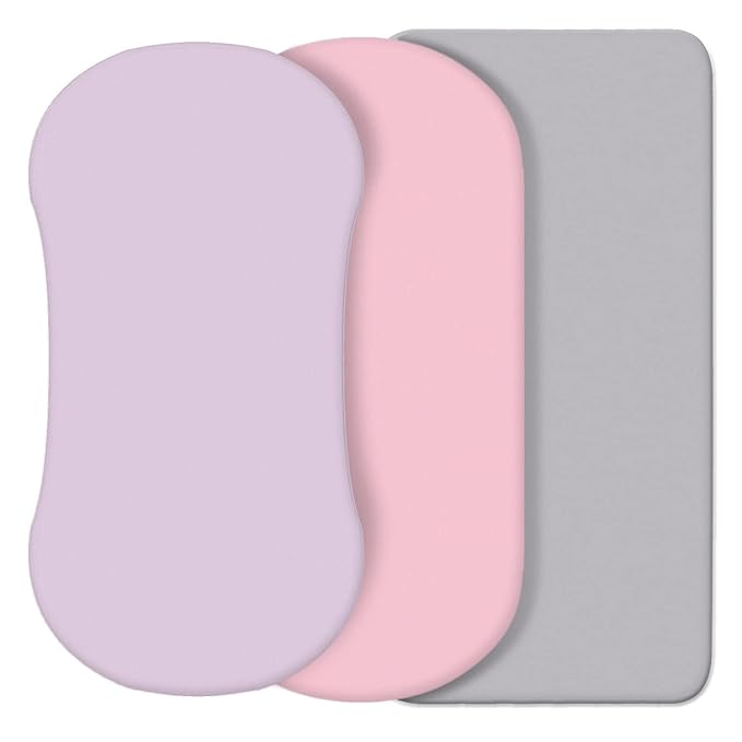 CaSaJa 3 Pack Bassinet Sheet Set, Silky Soft Handfeel with Comfy Napping Surface for Baby Skin, Flexible Fits Various Kinds of Cradle and Bessinet Mattress Up to 15" x 30", Lilac + Pink + Light Grey