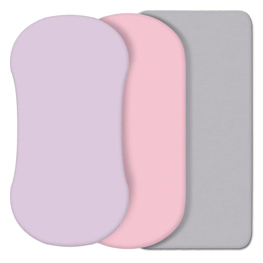 CaSaJa 3 Pack Bassinet Sheet Set, Silky Soft Handfeel with Comfy Napping Surface for Baby Skin, Flexible Fits Various Kinds of Cradle and Bessinet Mattress Up to 15" x 30", Lilac + Pink + Light Grey