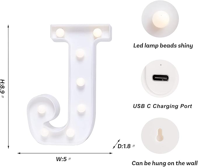 Foaky Rechargeable LED Letter Lights Sign Marquee Light Up Letters Sign for Night Light Wedding/Birthday Party Christmas Lamp Home Bar Decoration (J)