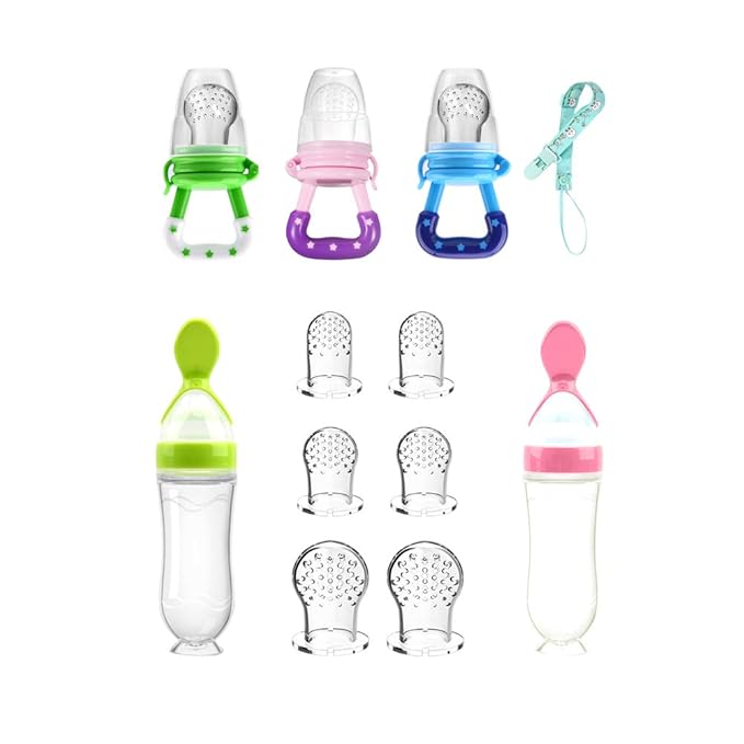 Food Feeder Baby Fruit Feeder Pacifier (3 Pcs) with 6 Different Sized Silicone Pacifiers,Silicone Baby Food Dispensing Spoon 90ML with 2 Babies Spoons Pacifier Clip Infant Fruit Teething Feeders-Pink
