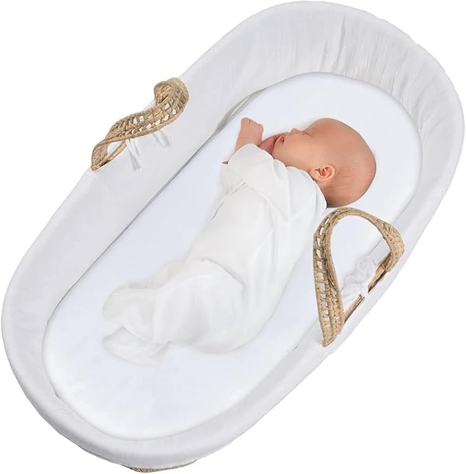 Bassinet Sheet 2 Pack Cotton Fitted Sheets Set for Oval Rectangle Hourglass Bassinet Mattress and Moses Baskets, Super Soft and Breathable Cover for Baby Girl Boy 32''x16''x4'', White