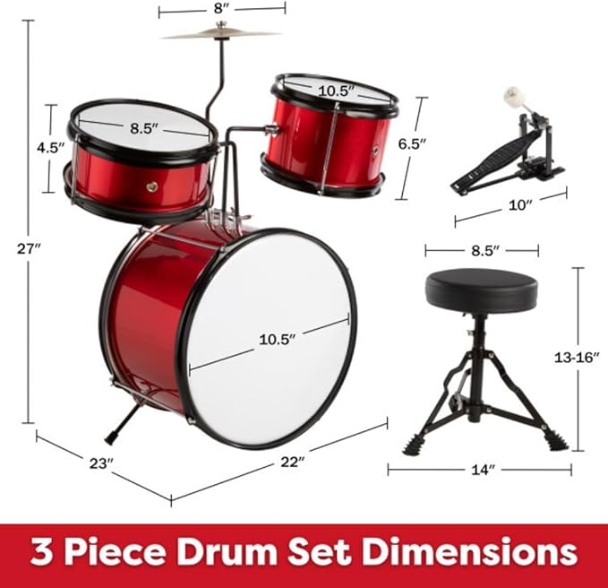 Hey Play Kids 3-Piece Drum Kit - Cymbal, 2 Toms, Bass Drum and Pedal, Drumsticks, and Throne - Beginner Musical Instruments (Red)