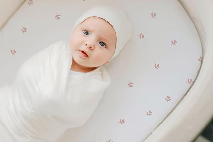 Ely’s & Co. Bassinet Sheets, Baby Girl Fitted Bassinet Mattress Sheet Set - 2 Pack, 100% Jersey Knit Cotton, fits Oval, Hourglass and Rectangle Bassinet Mattress, Pink Tulip, 32”x16”x3”