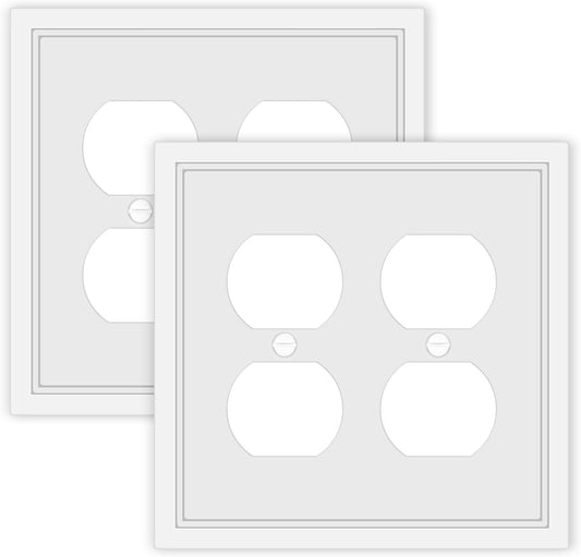 Double Duplex Outlet Cover Wall Plate White Classic Decorative Duplex Receptacle Cover Electrical Switch Plates and Outlet Covers 2-Gang Wall Plates, 2 Pack